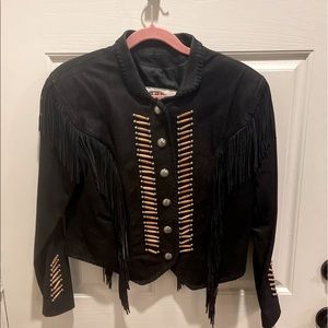 Vintage Suede Leather Fringe Jacket with Bone Beading Accents